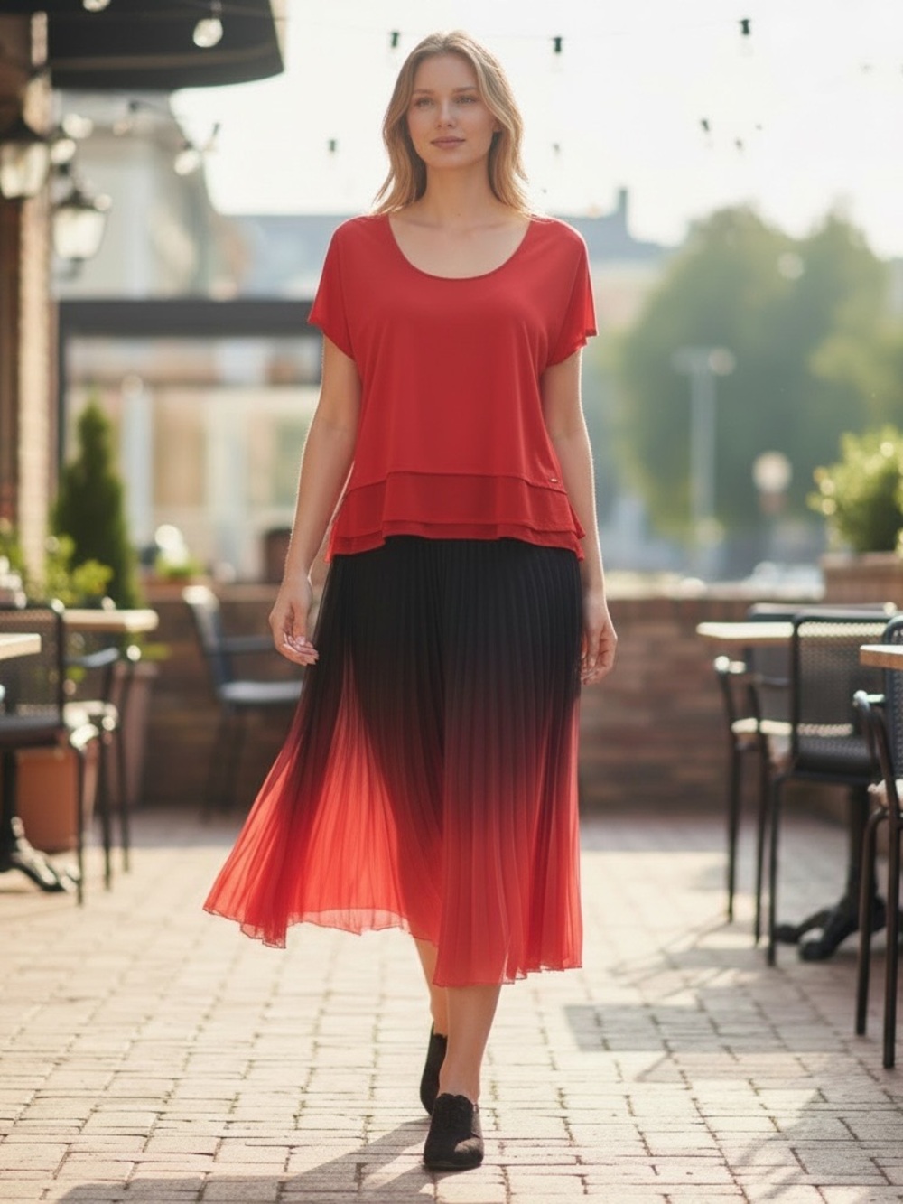 WD.NY Red to Black Ombre Pleated Midi Skirt